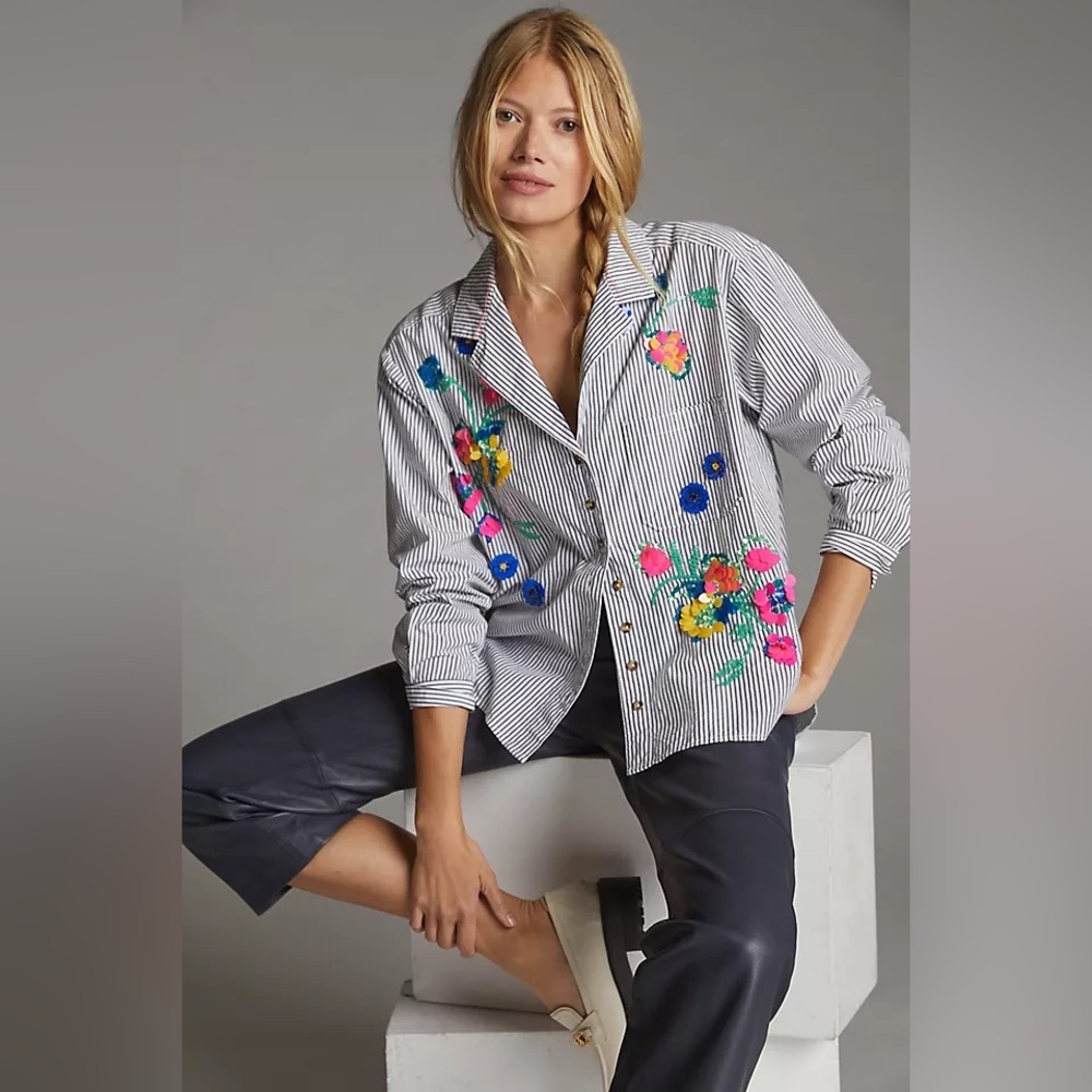 Maeve by Anthropologie Embroidered Embellished Striped Buttondown Shirt Sz US 2